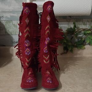 Fringe Moccasin Boots Knee High Embroidered Beaded Boho